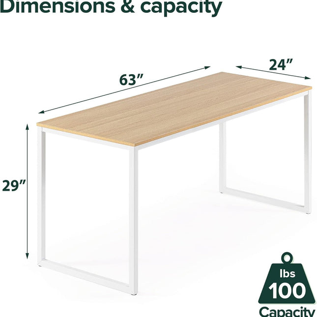 Jennifer 63 Inch White Frame Desk, Computer Workstation, Office Desk, Easy Assembly, Natural-1