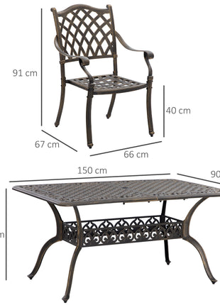 6-Seater Patio Dining Set with Umbrella Hole, Cast Aluminum Patio Furniture Set with Six Cushioned Chairs and Rectangle Dining Table, Bronze-2