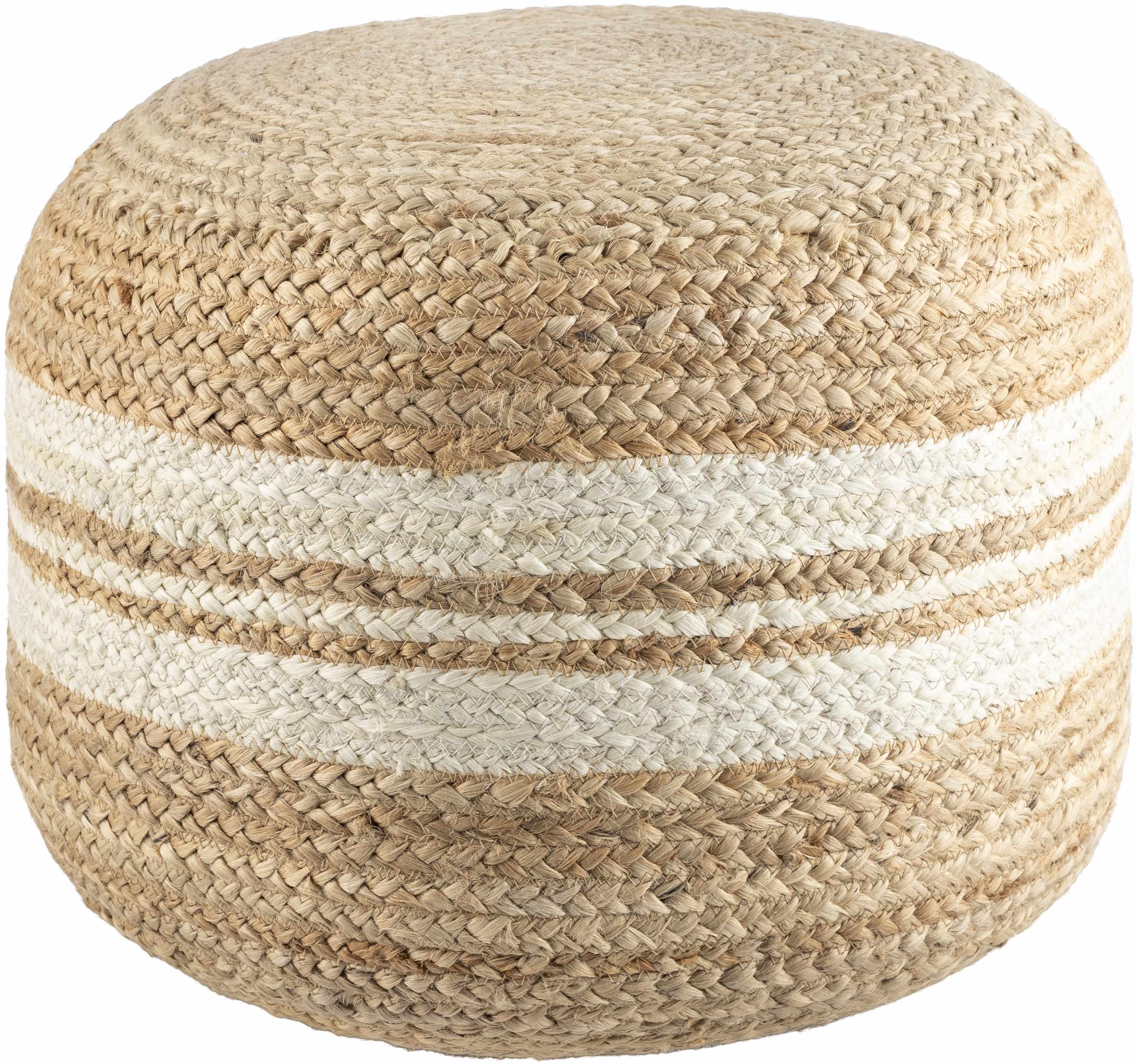 Round woven ottoman with natural and white stripes on a white background