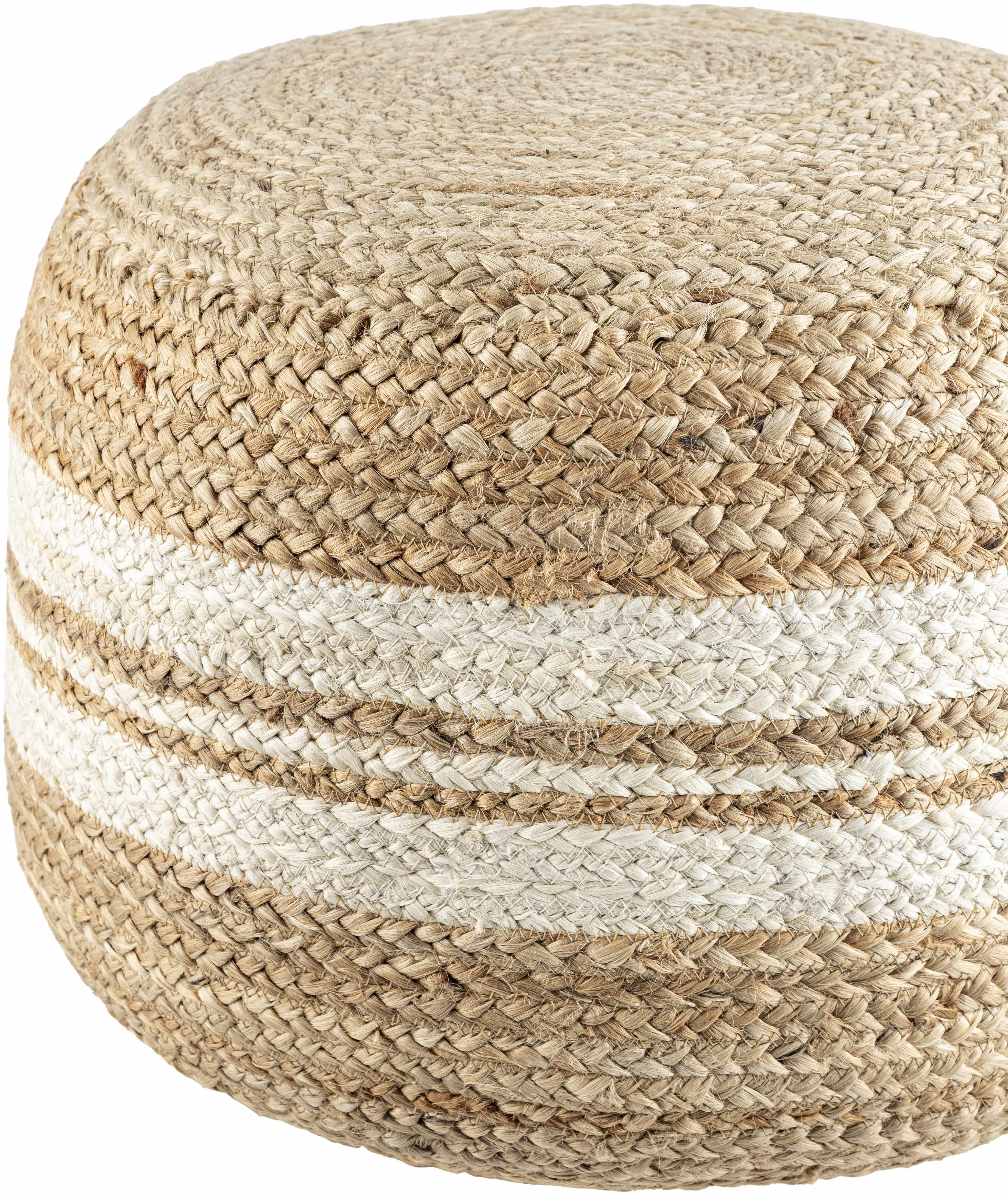 Round woven ottoman with natural and white stripes on a plain background