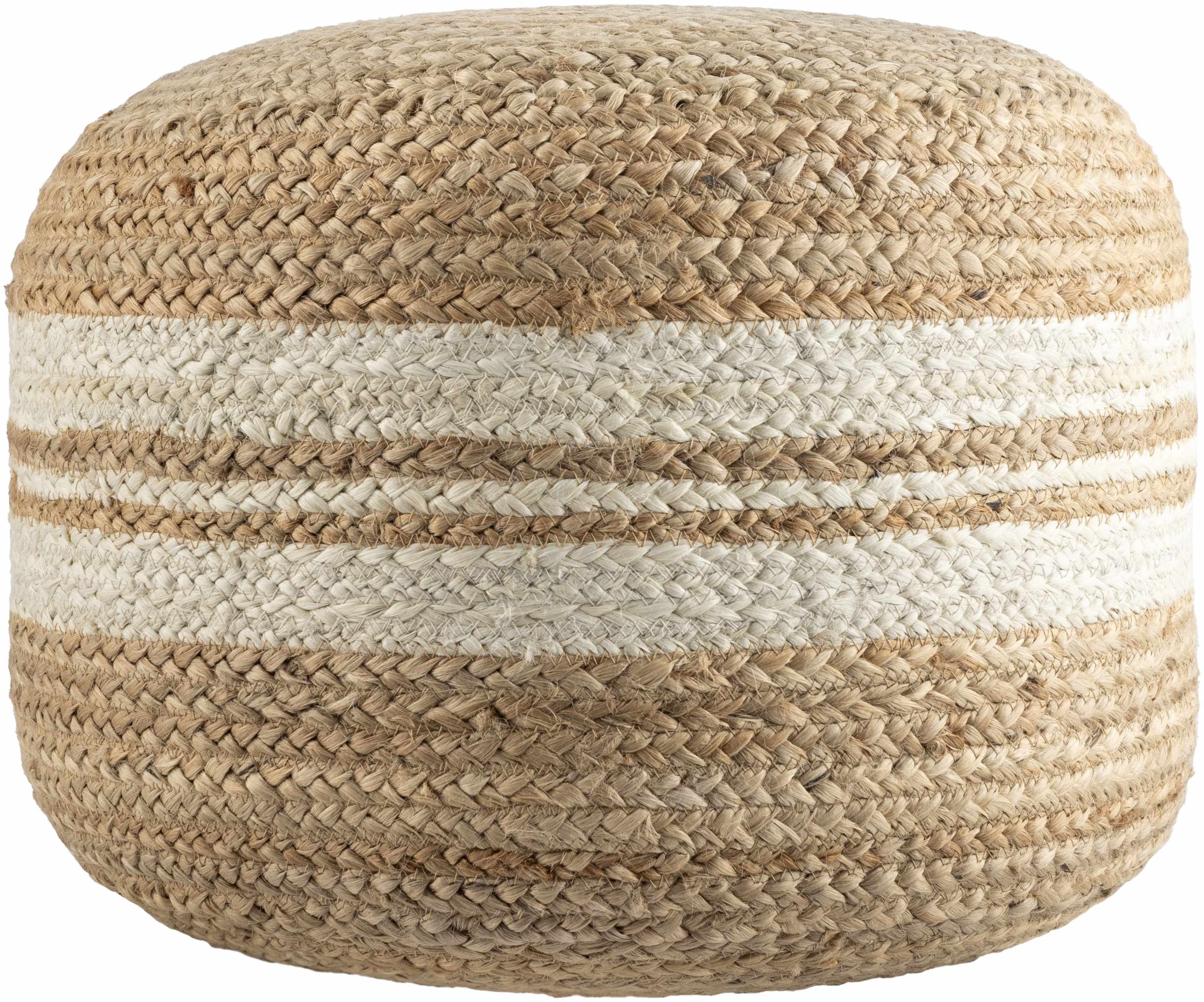 Woven ottoman with natural and white stripes on a white background