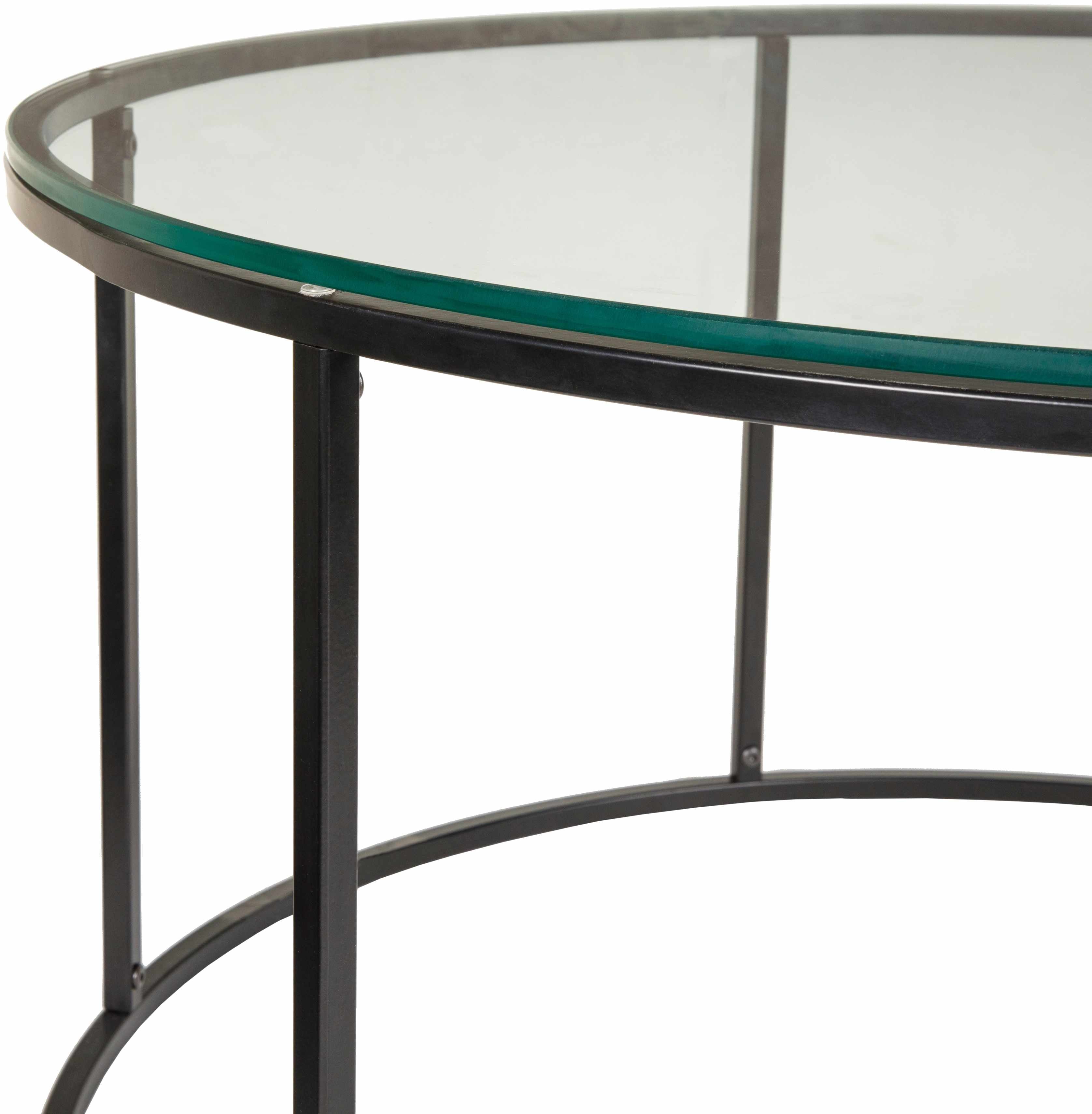 Glass-top table with black metal frame on a white background