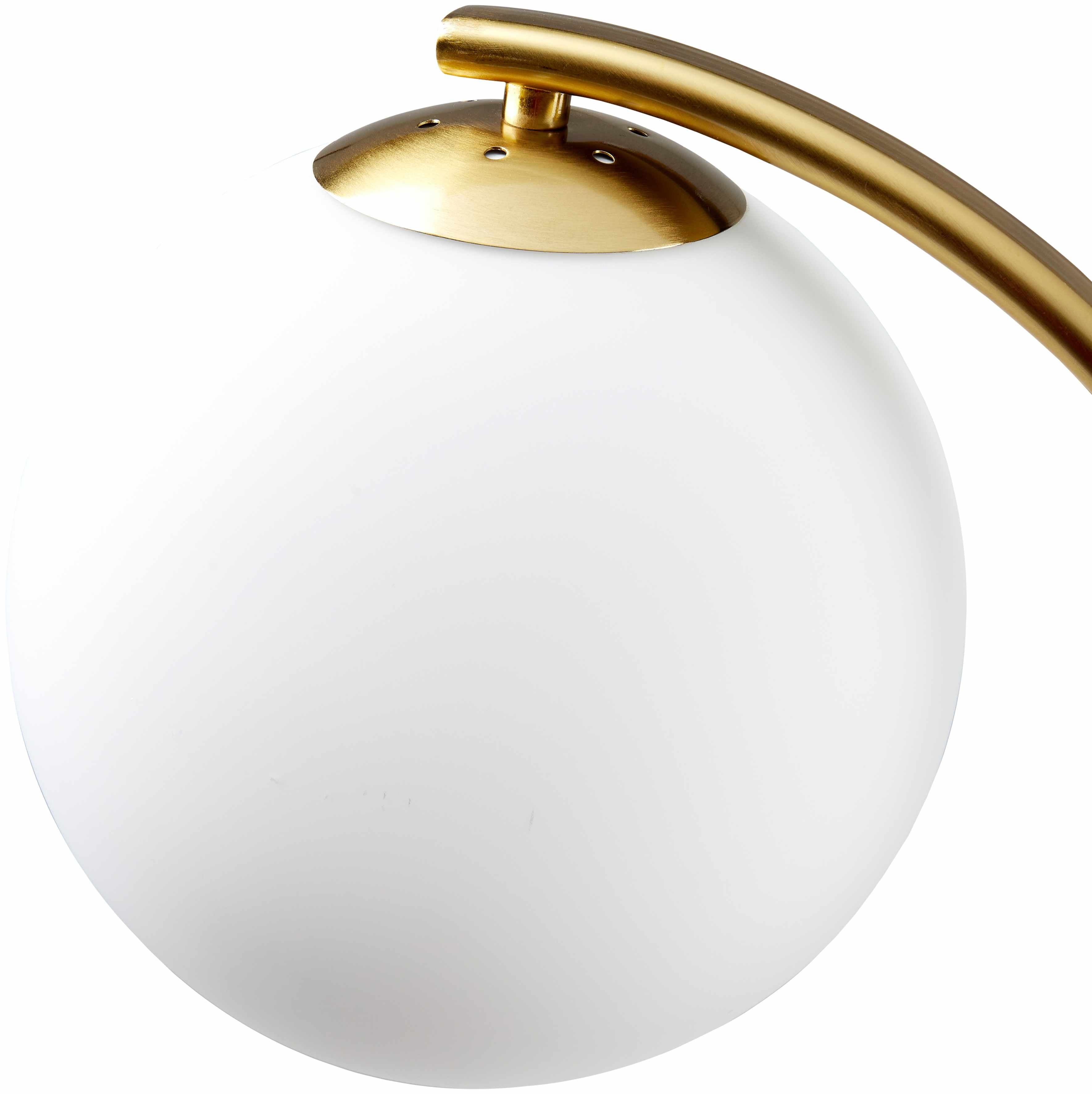 White spherical lamp with gold arm on a white background