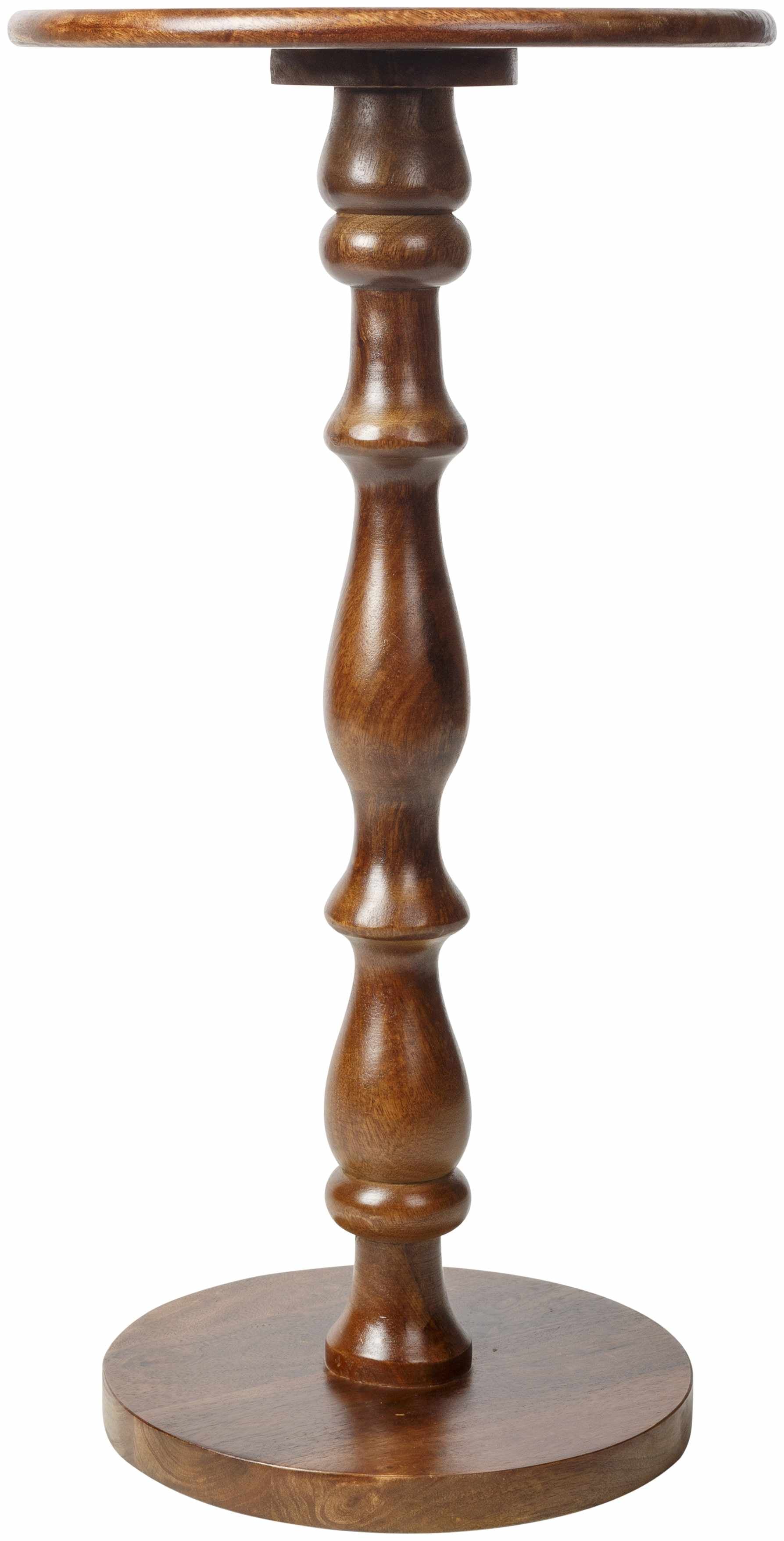 Wooden round table with a pedestal base on a white background