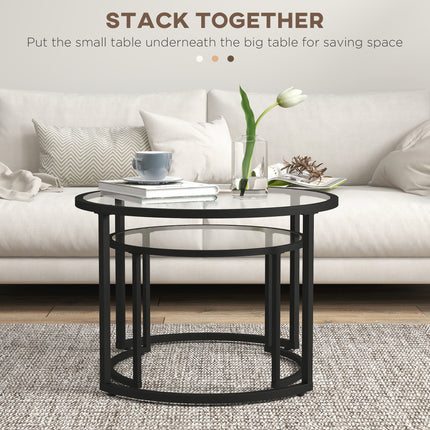 Glass Coffee Table Set of 2, Round Nest of Tables w/ Tempered Glass Tabletop, Steel Frame, Modern Side Tables for Living Room, Black | HOMCOM-2