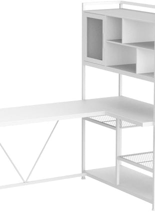 L Shaped Computer Desk, 58'' Office Desk with LED Light and Bookshelf, L Shaped Corner Desk with Storage Shelves for Home Office, Gaming Desk, L Desk, White-3