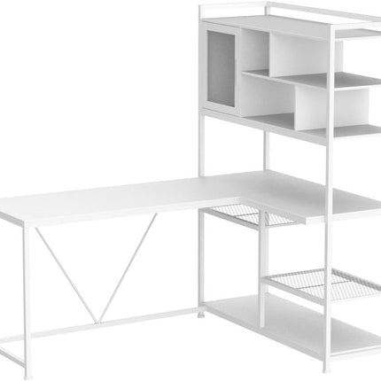 L Shaped Computer Desk, 58'' Office Desk with LED Light and Bookshelf, L Shaped Corner Desk with Storage Shelves for Home Office, Gaming Desk, L Desk, White-3