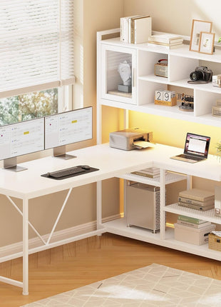 L Shaped Computer Desk, 58'' Office Desk with LED Light and Bookshelf, L Shaped Corner Desk with Storage Shelves for Home Office, Gaming Desk, L Desk, White-0