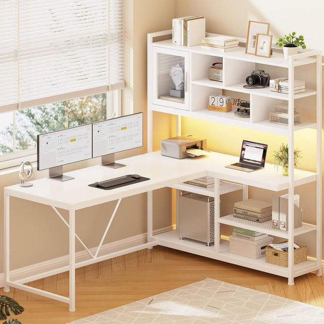 L Shaped Computer Desk, 58'' Office Desk with LED Light and Bookshelf, L Shaped Corner Desk with Storage Shelves for Home Office, Gaming Desk, L Desk, White-0