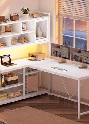 L Shaped Computer Desk, 58'' Office Desk with LED Light and Bookshelf, L Shaped Corner Desk with Storage Shelves for Home Office, Gaming Desk, L Desk, White-2