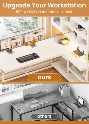 L Shaped Computer Desk, 58'' Office Desk with LED Light and Bookshelf, L Shaped Corner Desk with Storage Shelves for Home Office, Gaming Desk, L Desk, White-4
