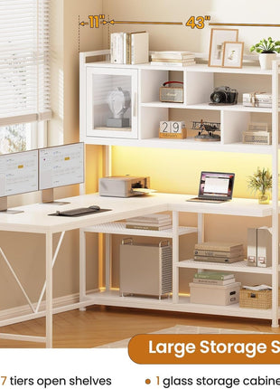 L Shaped Computer Desk, 58'' Office Desk with LED Light and Bookshelf, L Shaped Corner Desk with Storage Shelves for Home Office, Gaming Desk, L Desk, White-1