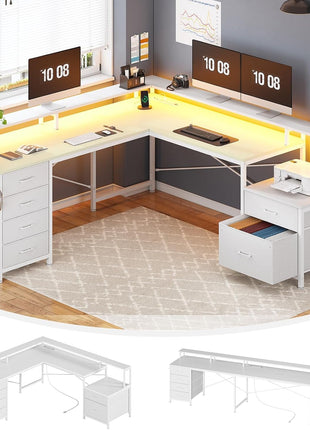 L Shaped Desk with 6 Drawer, 108" Home Office Desk with File Drawer & Power Outlet, Corner Computer Desk with Monitor Shelf, File Cabinet, Two Person Desk, Gaming Desk with Led Lights, White-2