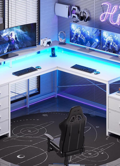 L Shaped Desk with 6 Drawer, 108" Home Office Desk with File Drawer & Power Outlet, Corner Computer Desk with Monitor Shelf, File Cabinet, Two Person Desk, Gaming Desk with Led Lights, White-0