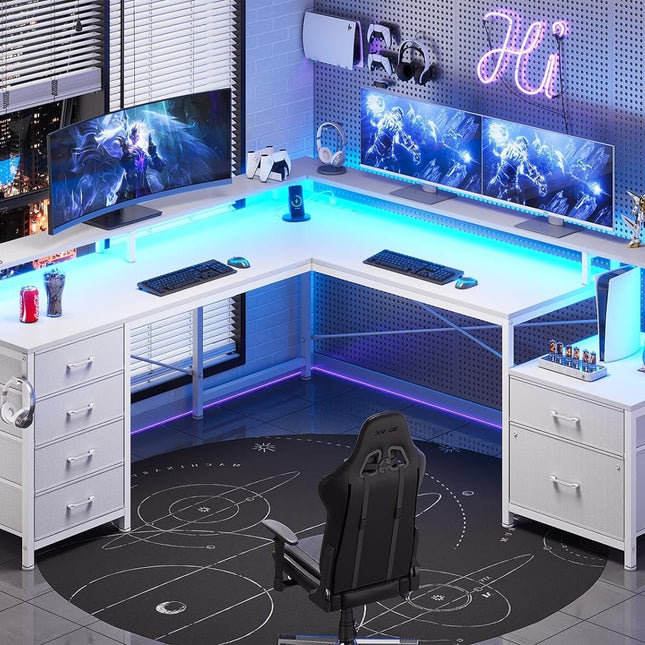 L Shaped Desk with 6 Drawer, 108" Home Office Desk with File Drawer & Power Outlet, Corner Computer Desk with Monitor Shelf, File Cabinet, Two Person Desk, Gaming Desk with Led Lights, White-0