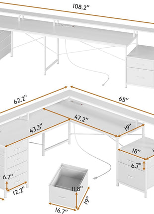 L Shaped Desk with 6 Drawer, 108" Home Office Desk with File Drawer & Power Outlet, Corner Computer Desk with Monitor Shelf, File Cabinet, Two Person Desk, Gaming Desk with Led Lights, White-1