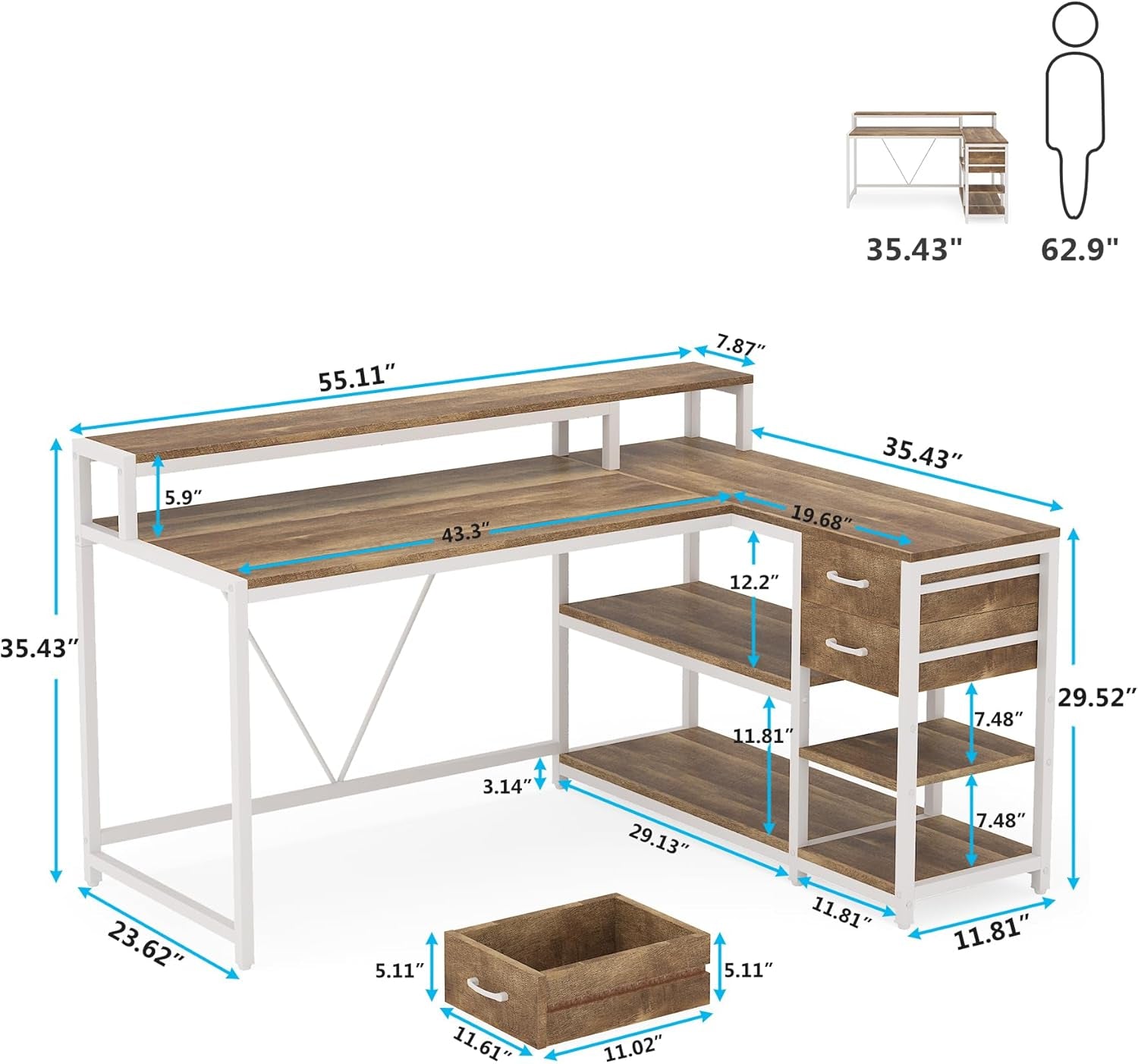 L-shaped desk with dimensions labeled on a white background