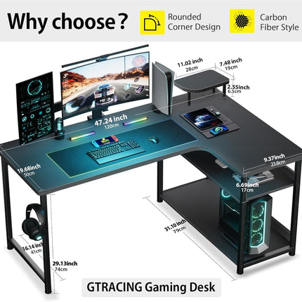 L Shaped Gaming Desk, Carbon Fiber Style Computer Desk Compatible with Monitor Arm Storage Shelves Corner Desk Gaming Table for Home Office Desks Easy to Assemble Adjustable Shelf Height-4