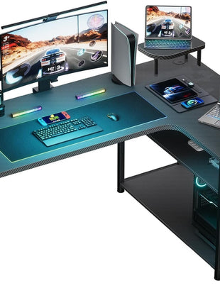L Shaped Gaming Desk, Carbon Fiber Style Computer Desk Compatible with Monitor Arm Storage Shelves Corner Desk Gaming Table for Home Office Desks Easy to Assemble Adjustable Shelf Height-0