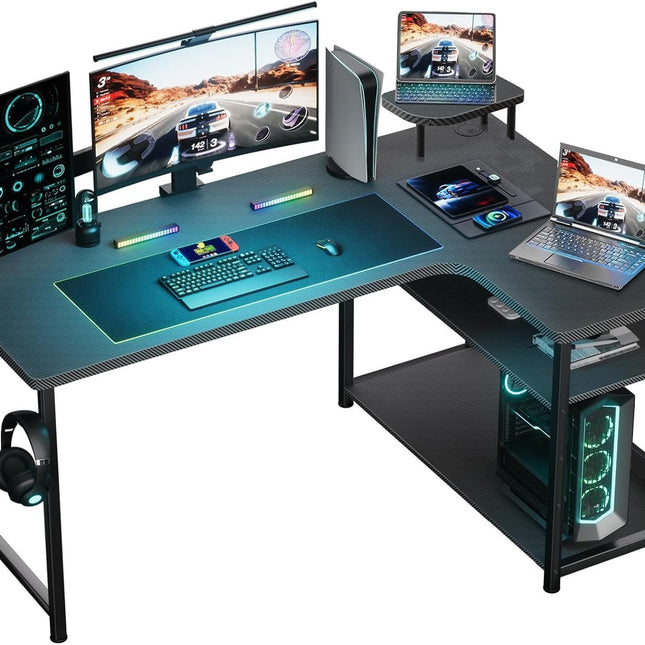 L Shaped Gaming Desk, Carbon Fiber Style Computer Desk Compatible with Monitor Arm Storage Shelves Corner Desk Gaming Table for Home Office Desks Easy to Assemble Adjustable Shelf Height-0