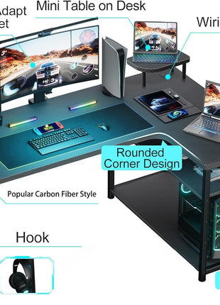 L Shaped Gaming Desk, Carbon Fiber Style Computer Desk Compatible with Monitor Arm Storage Shelves Corner Desk Gaming Table for Home Office Desks Easy to Assemble Adjustable Shelf Height-2