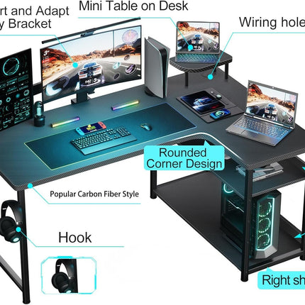 L Shaped Gaming Desk, Carbon Fiber Style Computer Desk Compatible with Monitor Arm Storage Shelves Corner Desk Gaming Table for Home Office Desks Easy to Assemble Adjustable Shelf Height-2