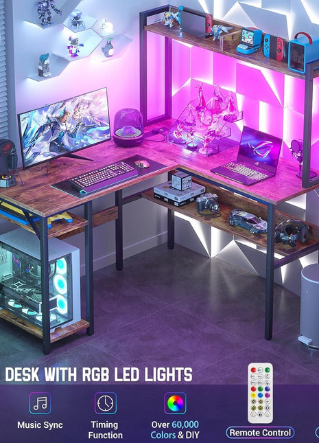 L Shaped Gaming Desk with LED Strip and Power Outlets, Reversible L-Shaped Computer Desk with Storage Shelves, Corner Desk with Hutch, 2 Person Home Office Desk, Rustic Brown-2
