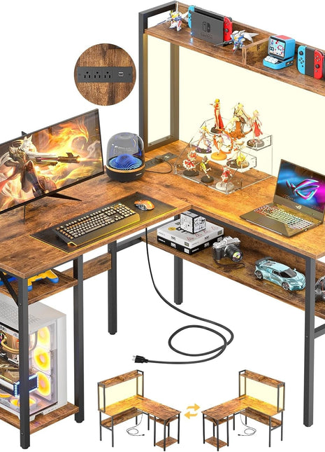 L Shaped Gaming Desk with LED Strip and Power Outlets, Reversible L-Shaped Computer Desk with Storage Shelves, Corner Desk with Hutch, 2 Person Home Office Desk, Rustic Brown-0