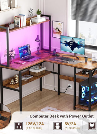 L Shaped Gaming Desk with LED Strip and Power Outlets, Reversible L-Shaped Computer Desk with Storage Shelves, Corner Desk with Hutch, 2 Person Home Office Desk, Rustic Brown-3