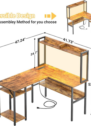 L Shaped Gaming Desk with LED Strip and Power Outlets, Reversible L-Shaped Computer Desk with Storage Shelves, Corner Desk with Hutch, 2 Person Home Office Desk, Rustic Brown-1