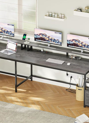 L Shaped Office Desk, 66" Home Office Desk with File Drawer & Power Outlet, Gaming Desk with Led Lights, Corner Computer Desk with Monitor Shelf, Printer Storage Shelves, Two Person Desk, Grey-1