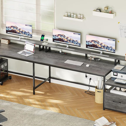 L Shaped Office Desk, 66" Home Office Desk with File Drawer & Power Outlet, Gaming Desk with Led Lights, Corner Computer Desk with Monitor Shelf, Printer Storage Shelves, Two Person Desk, Grey-1