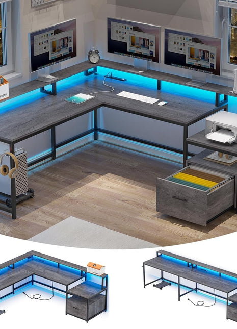 L Shaped Office Desk, 66" Home Office Desk with File Drawer & Power Outlet, Gaming Desk with Led Lights, Corner Computer Desk with Monitor Shelf, Printer Storage Shelves, Two Person Desk, Grey-0