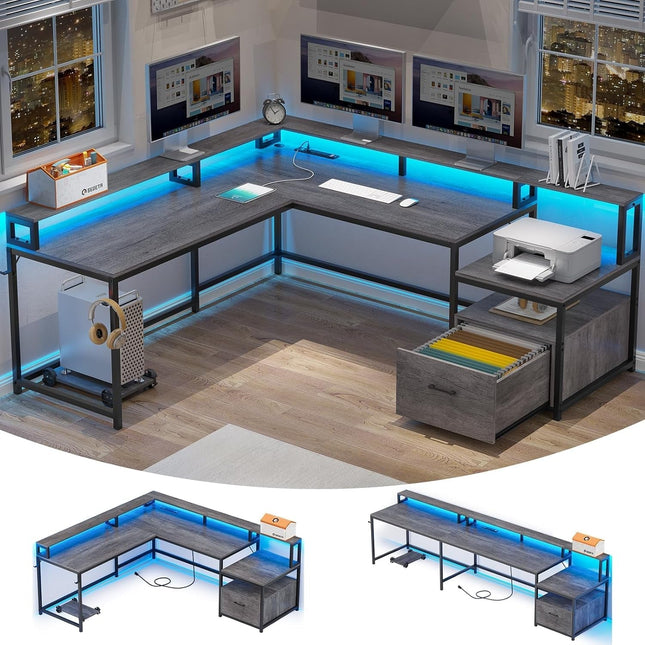 L Shaped Office Desk, 66" Home Office Desk with File Drawer & Power Outlet, Gaming Desk with Led Lights, Corner Computer Desk with Monitor Shelf, Printer Storage Shelves, Two Person Desk, Grey-0
