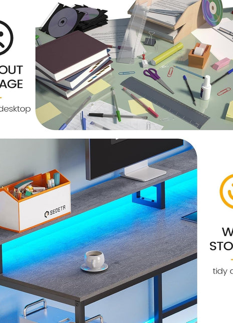 L Shaped Office Desk, 66" Home Office Desk with File Drawer & Power Outlet, Gaming Desk with Led Lights, Corner Computer Desk with Monitor Shelf, Printer Storage Shelves, Two Person Desk, Grey-3