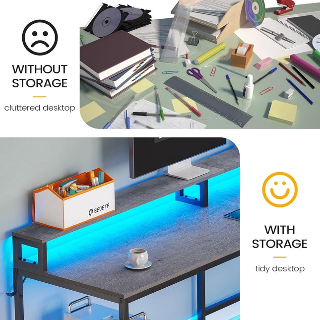 L Shaped Office Desk, 66" Home Office Desk with File Drawer & Power Outlet, Gaming Desk with Led Lights, Corner Computer Desk with Monitor Shelf, Printer Storage Shelves, Two Person Desk, Grey-3