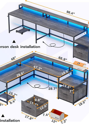 L Shaped Office Desk, 66" Home Office Desk with File Drawer & Power Outlet, Gaming Desk with Led Lights, Corner Computer Desk with Monitor Shelf, Printer Storage Shelves, Two Person Desk, Grey-2