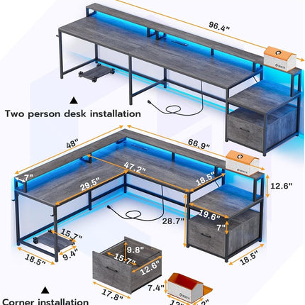 L Shaped Office Desk, 66" Home Office Desk with File Drawer & Power Outlet, Gaming Desk with Led Lights, Corner Computer Desk with Monitor Shelf, Printer Storage Shelves, Two Person Desk, Grey-2