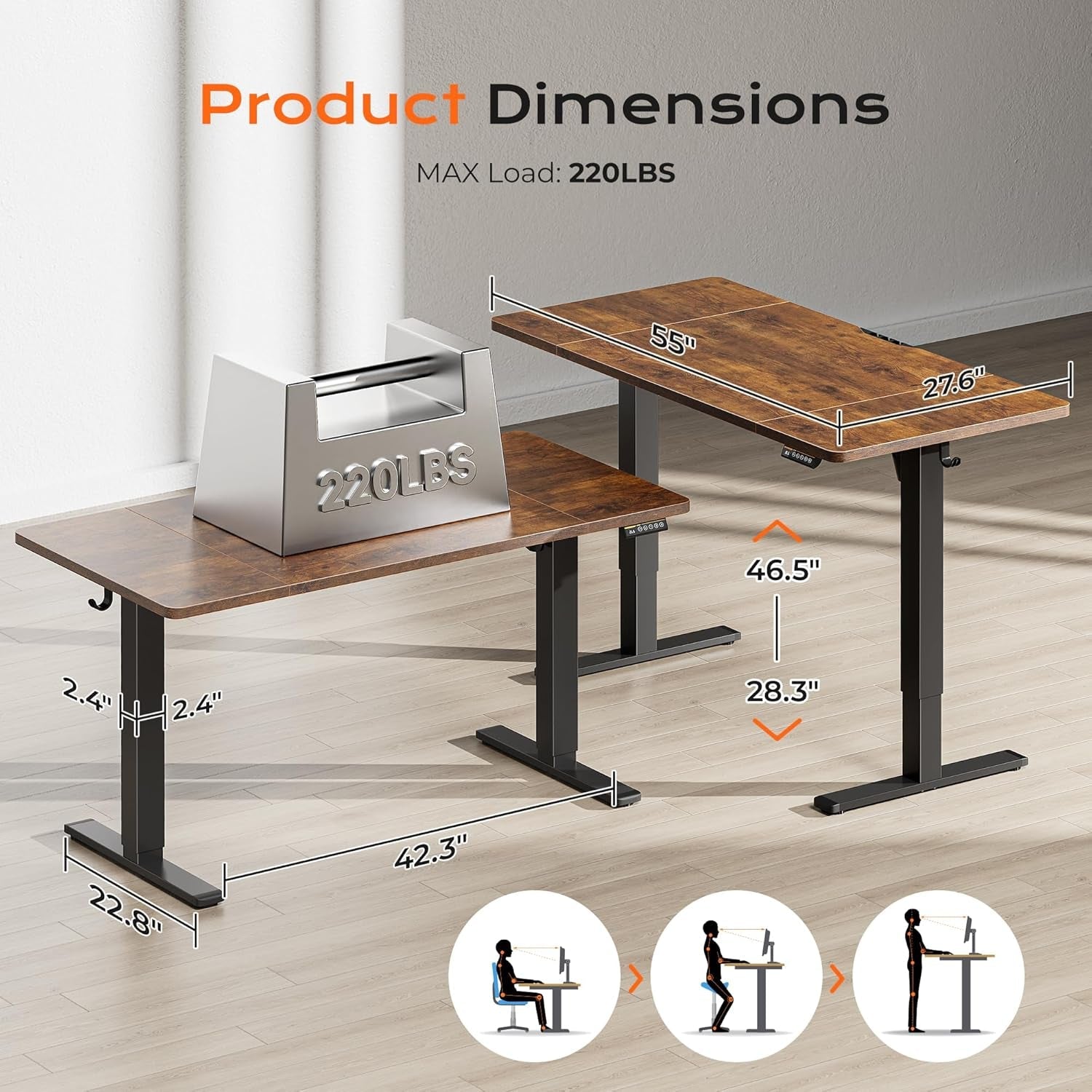 Wooden standing desk with dimensions and product weight capacity displayed.