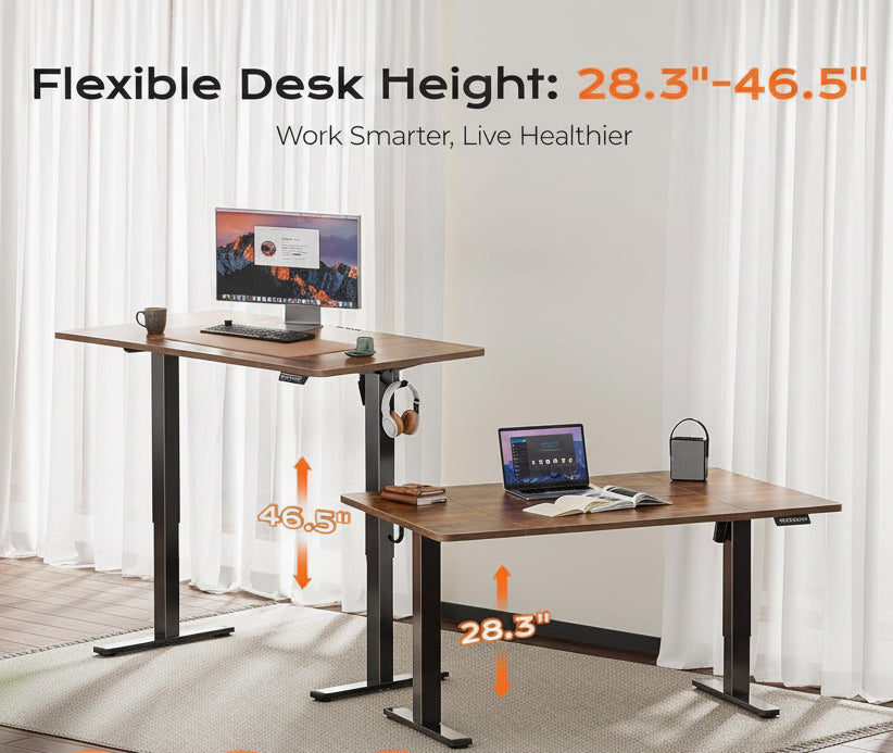 Adjustable height desk with two people using it in a home office setting.