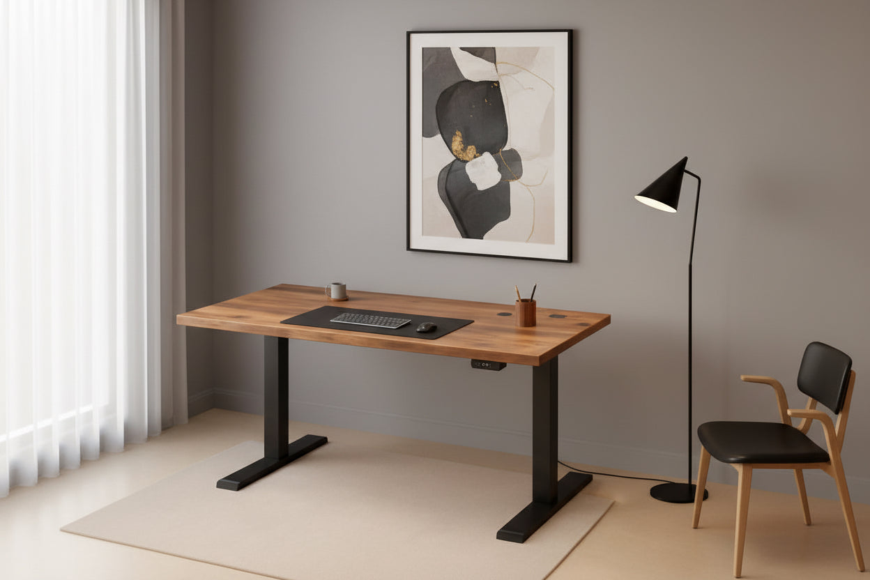 Wooden desk with multiple monitors and a laptop in a room with warm lighting.