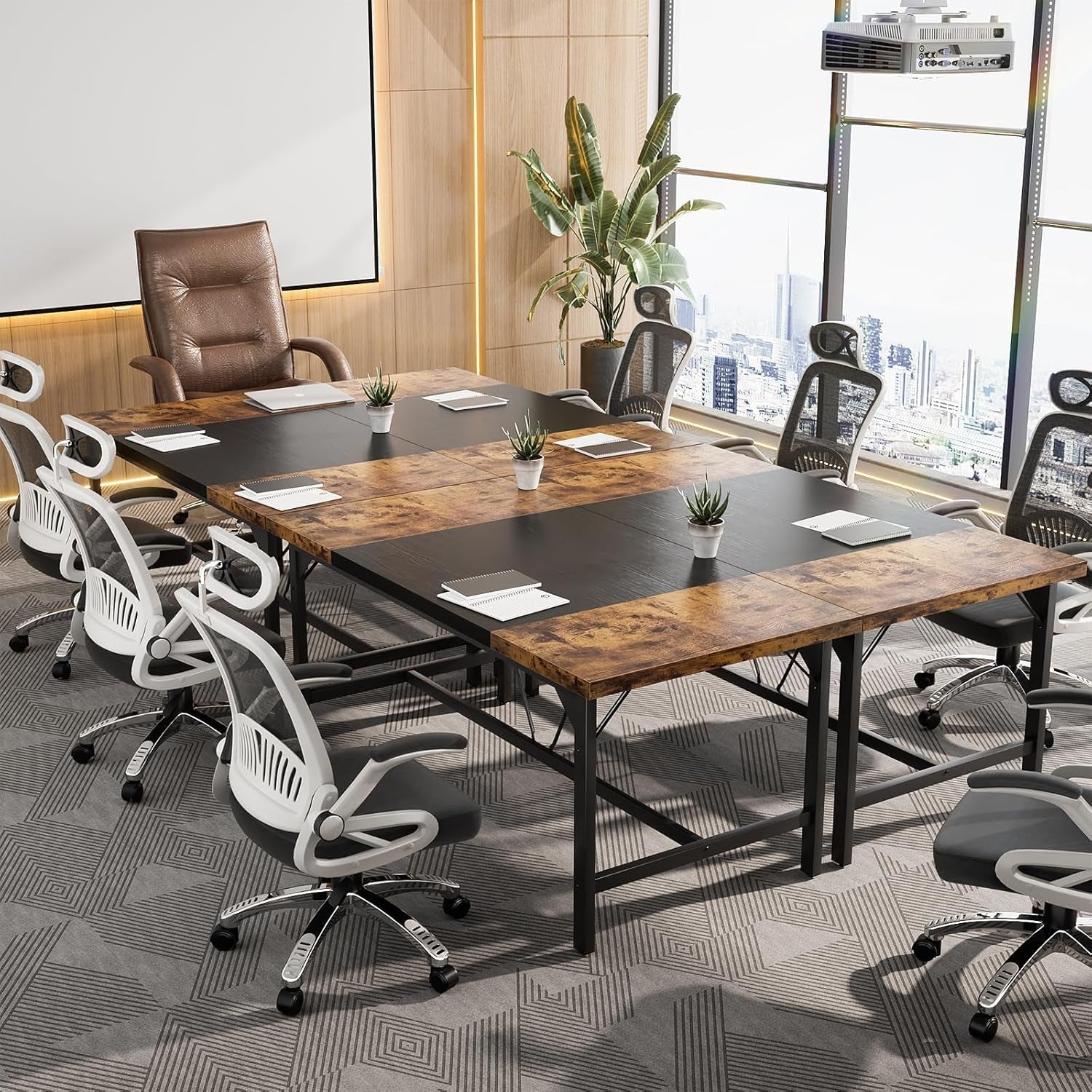 Modern conference room with wooden table and chairs in a cityscape setting