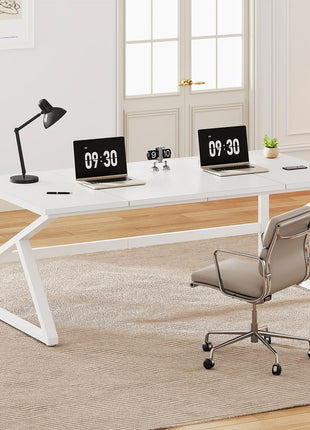 Large White Desk, Wooden and Metal 70 Inch Computer Desk, Modern Extra Long Double Desks for Home Office Executive Writing Study Gaming, Farmhouse 2 Person PC Laptop Table in Bedroom Living Room-3