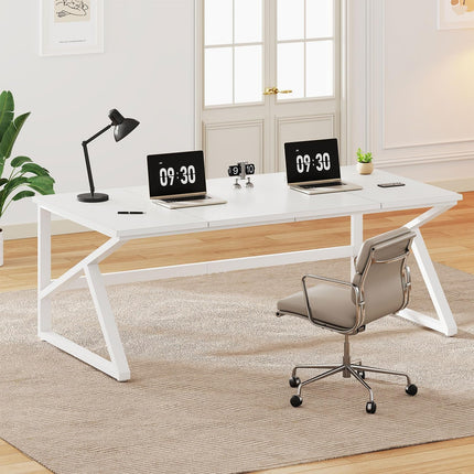 Large White Desk, Wooden and Metal 70 Inch Computer Desk, Modern Extra Long Double Desks for Home Office Executive Writing Study Gaming, Farmhouse 2 Person PC Laptop Table in Bedroom Living Room-3
