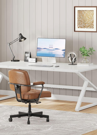 Large White Desk, Wooden and Metal 70 Inch Computer Desk, Modern Extra Long Double Desks for Home Office Executive Writing Study Gaming, Farmhouse 2 Person PC Laptop Table in Bedroom Living Room-4