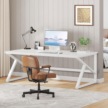 Large White Desk, Wooden and Metal 70 Inch Computer Desk, Modern Extra Long Double Desks for Home Office Executive Writing Study Gaming, Farmhouse 2 Person PC Laptop Table in Bedroom Living Room-4