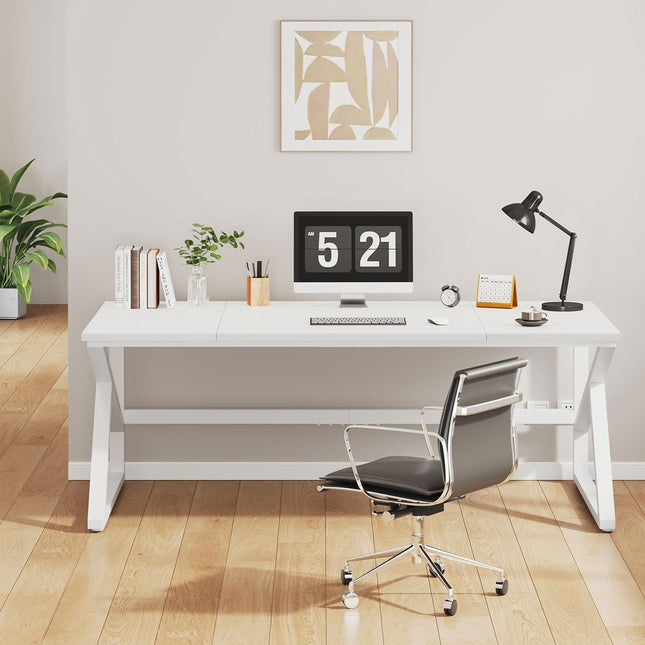 Large White Desk, Wooden and Metal 70 Inch Computer Desk, Modern Extra Long Double Desks for Home Office Executive Writing Study Gaming, Farmhouse 2 Person PC Laptop Table in Bedroom Living Room-0