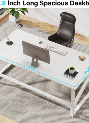 Large White Desk, Wooden and Metal 70 Inch Computer Desk, Modern Extra Long Double Desks for Home Office Executive Writing Study Gaming, Farmhouse 2 Person PC Laptop Table in Bedroom Living Room-2