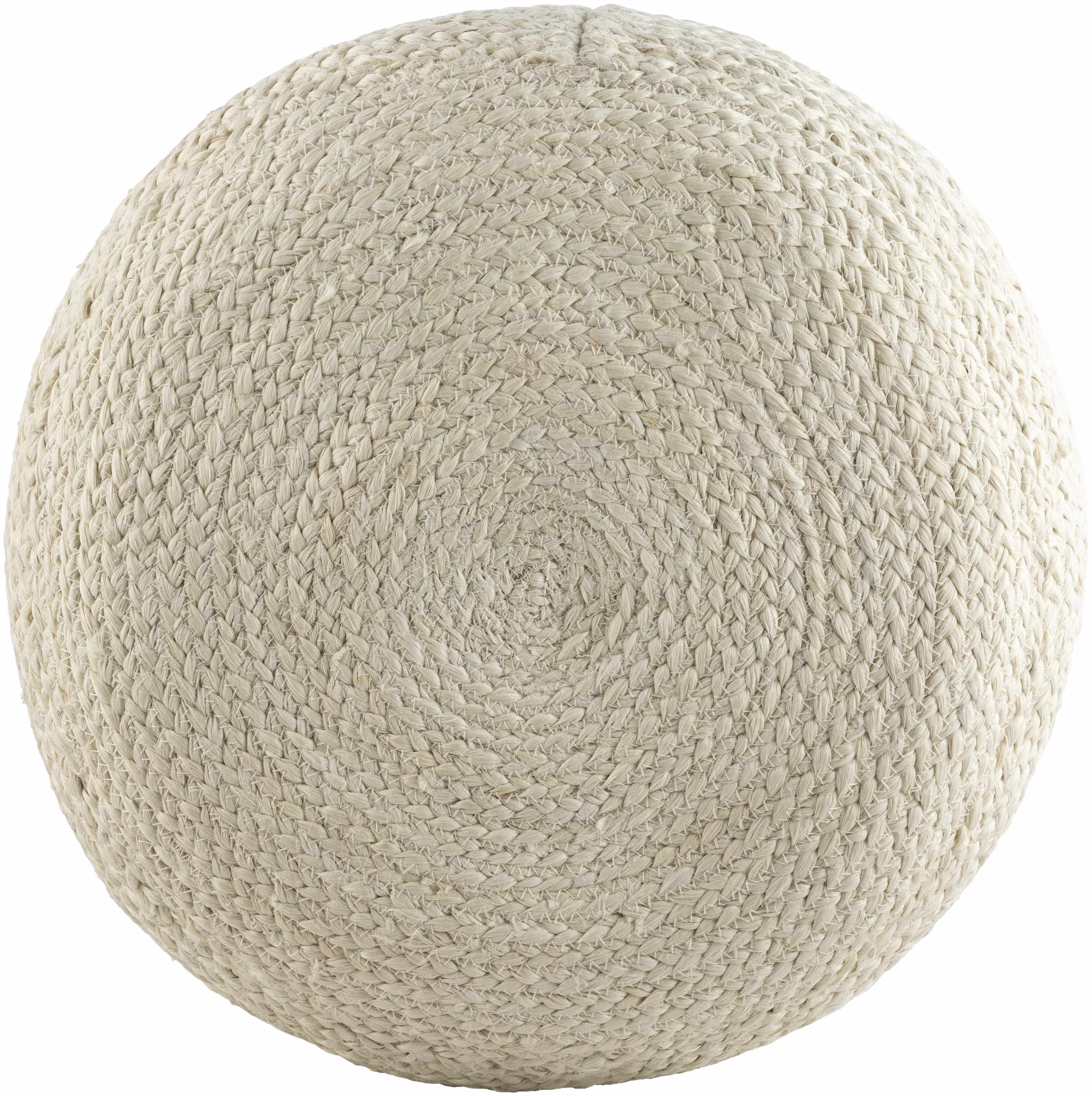 Round woven beige ottoman on a white background