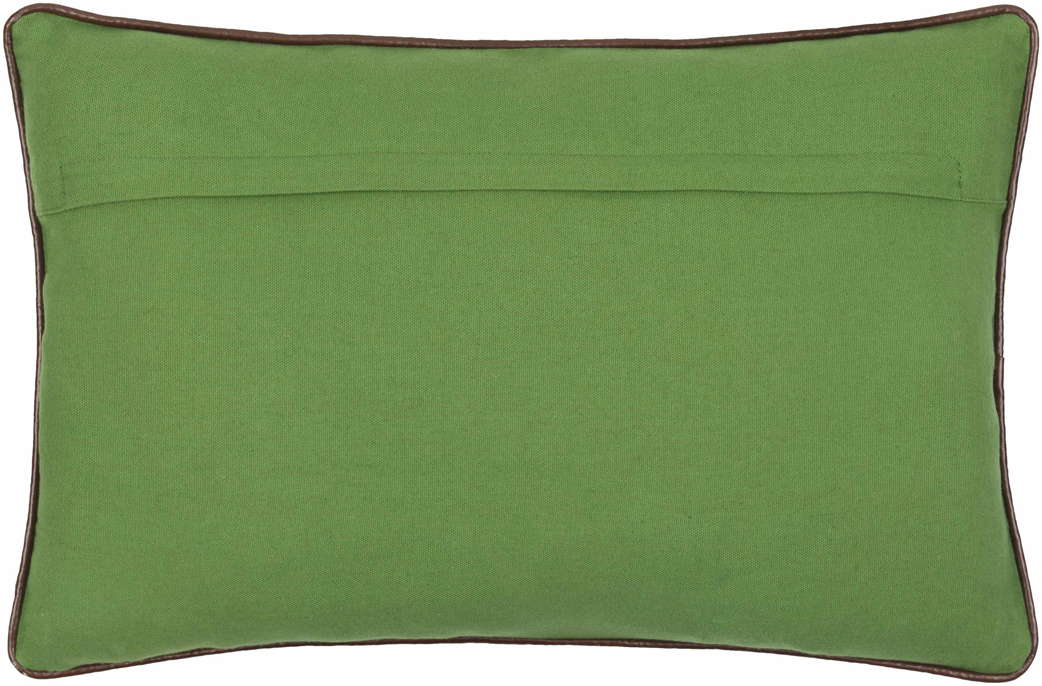 Green pillow with brown trim on a white background